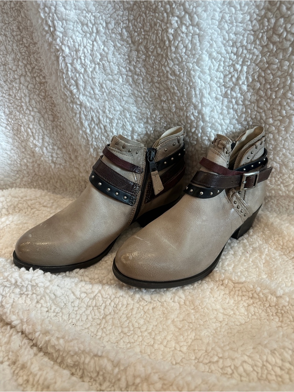 Stylish Taupe Ankle Boots with Studded Strap Detail
